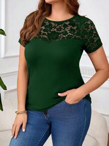 SHEIN Clasi 加大码优雅圆领撞色蕾丝T恤、夏季上衣、女式夏季衬衫 - 墨綠色 - 查看 2