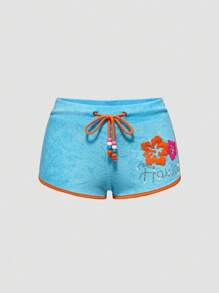 ROMWE Avant Gyaru Hawaiian Hibiscus Print Sexy & Sporty Women Dolphin Shorts - Baby Blue - View 1