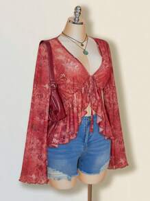 SHEIN ICON 大码复古佩斯利印花前系带针织上衣，喇叭袖透明网眼印花衬衫，夏季度假 - 彩色 - 查看 4