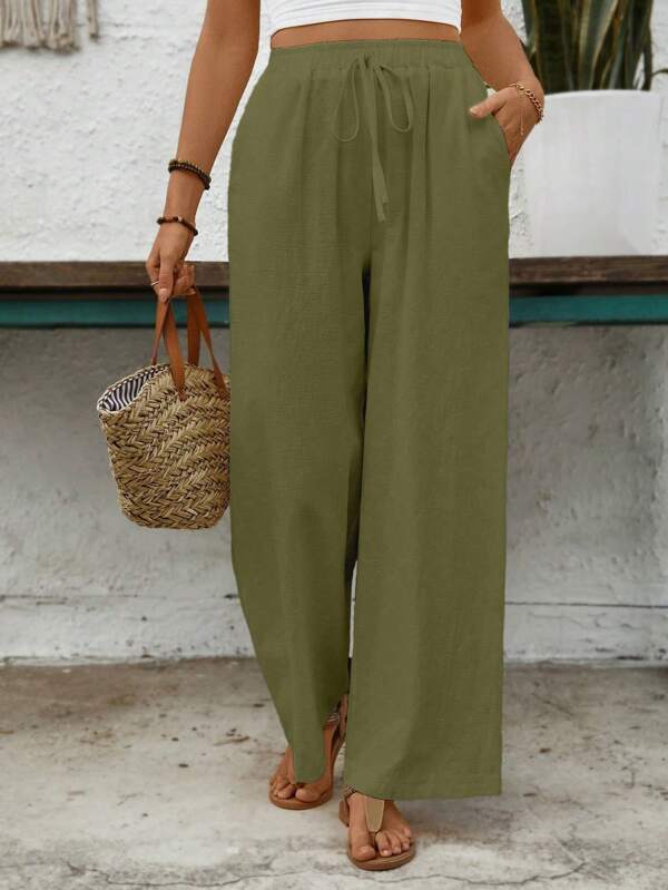 EMERY ROSE Urlaubs Unifarben Hose mit hoher Taille und geradem Bein