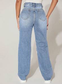 SHEIN PETITE Casual Washed Distressed High Waist Denim Jeans - Mint Blue - View 5