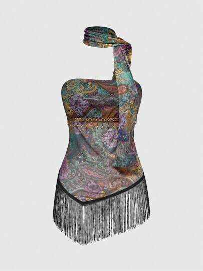 Women's Retro Hippie Western Country Music Festival Paisley Print Fringes Decor Sheer Beaded Blouse Top