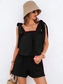 Vivid Eden 100%Cotton 2pcs/Set Leisure Holiday Tie-Up Camisole And Shorts, For Spring And Summer Vacation, A Casual Holiday Outfit, Holiday Summer Beach Outfit,Beach Outfits For Woman ,Festival,Vacation Outfits Woman,Tropical Vacation Woman Clothes - Black - View 7