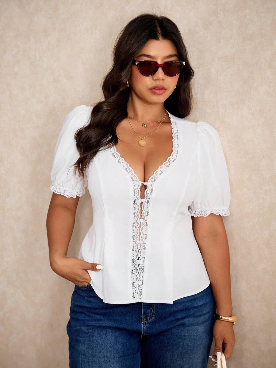 Elaquor Plus Size Elegant Solid Color Lace Ruffled Puff Sleeve Blouse For Summer