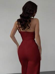 Firerie Valentinstag Neu Einfach Elegant 3D strukturierter Plissee-Design Ärmellos Taille Raffung Weiß Jumpsuit, geeignet für den Berufsverkehr - Bordeaux - Übersicht 2