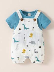 SHEIN Baby Boy Button Detail Tee & Dinosaur Print Overall Romper Set - Blue and White - View 1
