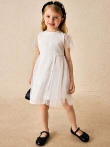 SHEIN Young Girls & Elegant Mesh Patchwork Puff Sleeve Dress - White - View 4
