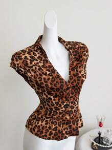 SHEIN Unity Leopard Print Short Sleeve Shirt, Fitted Design, Waist Cinching, Slimming, Chic European Style, Spring Summer - Brown - View 1