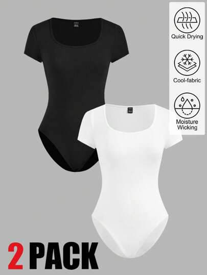 SHEIN EZwear Plus Size Women's Black & White Casual Bodysuit, Summer,Business Casual Woman, Quick Drying Bodysuit, Moisture Wicking Bodysuit,Beach Vacation Outfits,Office,School,Brunch,2pcs