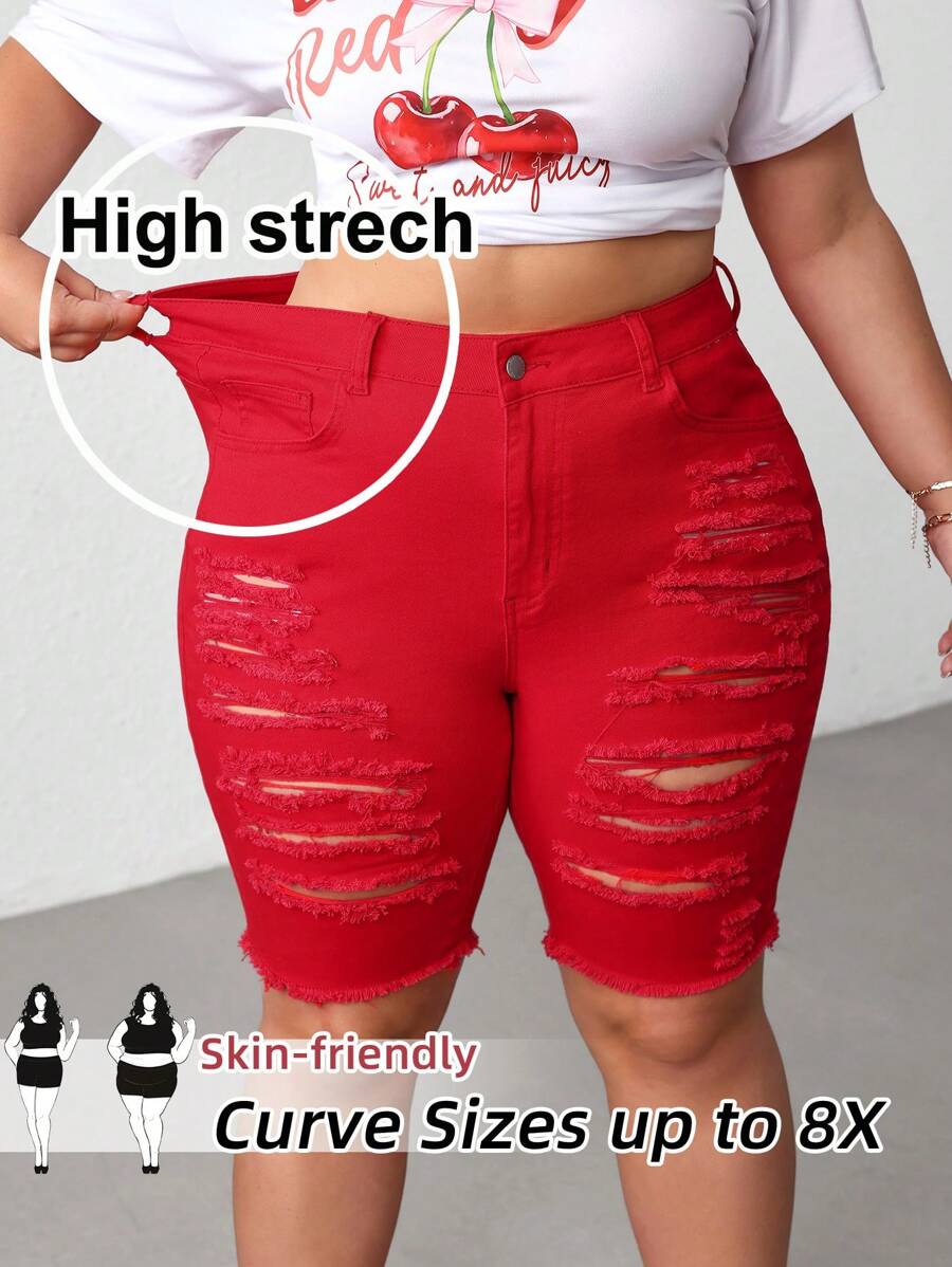 SHEIN CURVE+ Plus Size Red Denim Shorts High Elastic Denim Ripped Jeans Summer Casual Cowgirl,Curve Plus,Boho Vacation