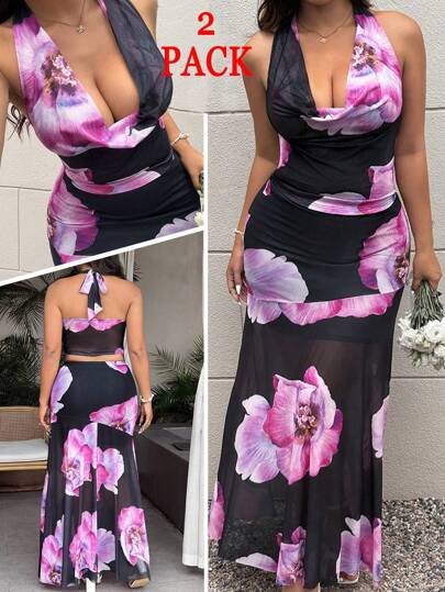 POPSWAY 2pcs/Set Women Sleeveless Draped Neck Floral Print Blouse And Bodycon Skirt, Elegant Boho Summer Outfit