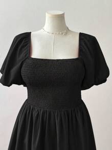 Flirla Đầm tay đèn lồng hở lưng màu trơn cổ tròn dễ thương ngọt ngào phong cách công chúa tối giản thời trang sinh viên lãng mạn ngày lễ tình nhân mùa cưới lễ phục sinh - màu đen - Xem 6