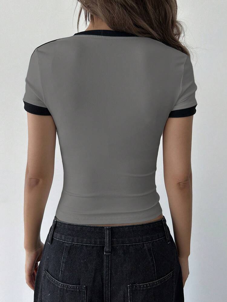 Ombre Bow Print Tie-Front Cropped T-Shirt For Women, Summer Preppy Tops