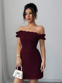 Elenzga Off Shoulder Ruffle Trim Cinched Waist Romantic Women Dress