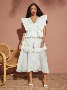 Vixey Solid Chiffon Layered Ruffle Midi Skirt With Biker Shorts, Boho, Festival, Spring, Summer, Island Vacations, Vacation - White - View 4