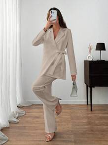 EURMUSE WOMEN ELEGANT SUIT SET WITH BELT DETAILED - Beige - View 4