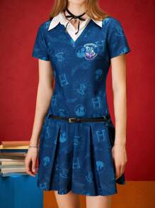 HARRY POTTER X SHEIN Đầm ngắn tay in chữ cho nữ - Màu xanh hải quân - Xem 5