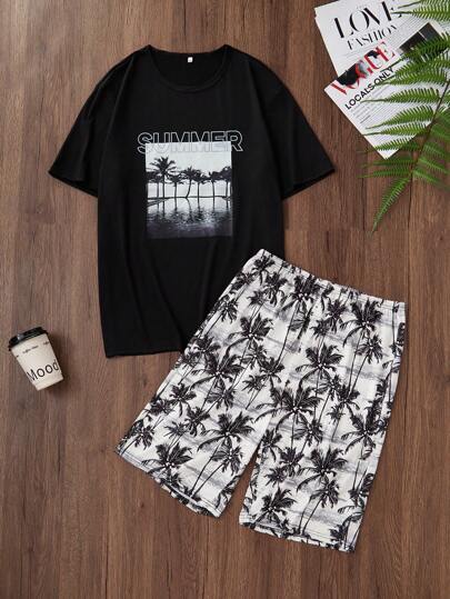 2 件套男士休闲度假风格字母印花短袖睡衣上衣和短裤套装