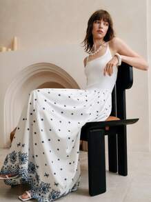 SHEIN LUNE Women's White Polka Dot Embroidered Cami Dress,Summer Elegant Vacation Long A-Line Dress,Waist-Cinching Shirred Ruffle Hem Casual Beach Resort Wear - White - View 7