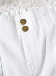 Girls' Oversized Y2K Style Washed White Denim Shorts With Ruffle Waistband And Button Decor, Casual, Versatile And Stylish For Daily Wear