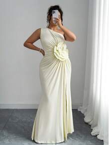 Elenzga Women Plus Size Oblique Collar 3D Floral Printed Sleeveless Elegant Midi Dress - Yellow - View 4