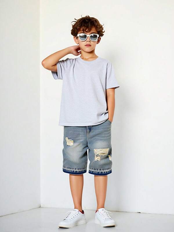 Tween Boy Fashionable Water-Washed Soft Vintage Casual Loose Fit Denim Shorts, Thin, Summer