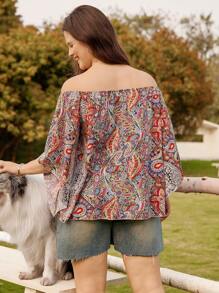 LanaWest Damen Große Größen Bluse mit Off-Shoulder, weitem, schmeichelhaftem asymmetrischem Ditsy Blumenmuster - Verschiedenfarbig - Übersicht 2