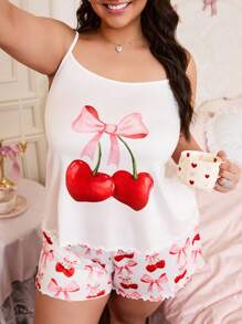 Cherry Print Plus Size Cami Top And Shorts Pajama Set - Multicolor - View 4