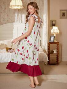 CottageSlumber Red Contrast Color Chiffon Ruffle Trim Romantic Printed Women Long Slip Dress Holiday Season - Multicolor - View 2