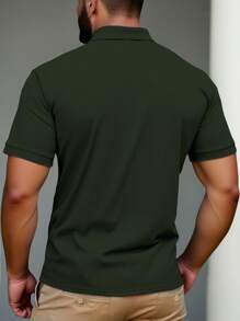 Manfinity Homme 大码男士纯色短袖 Polo 衫，夏季时尚 - 軍綠色 - 查看 2