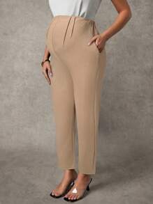 MaterniChic Quần ống côn cạp cao màu trơn thường ngày cho bà bầu - Màu be - Xem 4