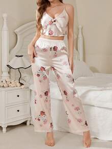 SHEIN Floral Print Cami And Shorts Pajama Set, Faux Silk - Multicolor - View 6