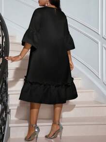 SHEIN Lady 春夏休闲优雅波西米亚风优雅休闲工作白色圆领花瓣袖长袖女装度假装女士沙滩装女士海滩度假沙滩裙婚礼宾客礼服女士商务休闲女士舞会礼服，女士太阳裙 - 黑色 - 查看 2