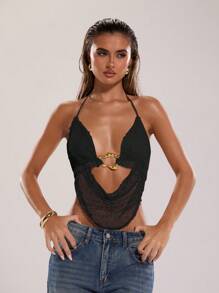 SHEIN BAE Women's Summer Sexy Bohemian Beach Vacation Concert Women Halter Neck Tie Metal Decoration Crochet Summer Tops, Summer,Club Sexy Top