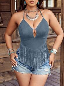 SHEIN LUNE Plus Size Women Bohemian Fringed Suede Jumper Top - Dusty Blue - View 4