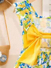 SHEIN 年轻女孩休闲绿色盖袖印花连衣裙，夏季日常穿着，宽松喇叭裙，女孩夏季度假装 - 黃色 - 查看 6