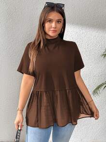 SHEIN Essnce 大码女式夏季上衣，黑色 T 恤，可爱上衣娃娃裙，夏季衬衫，夏季上衣外出上衣女式夏季上衣女式外出上衣夏装 - 棕色 - 查看 4