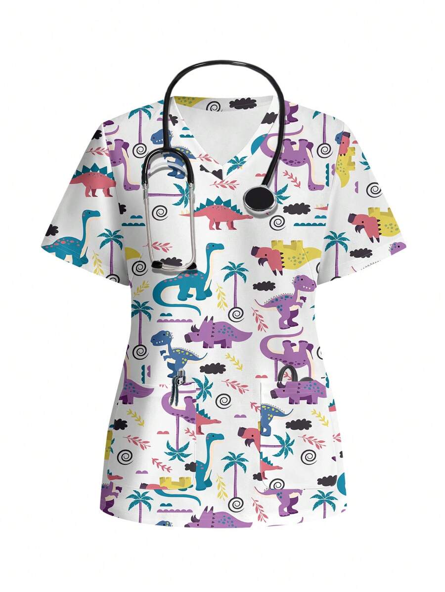 PopScrub Dinosaur Print V-Neck Short Sleeve Casual Minimalist Scrub Uniform Top, Summer - Multicolor - View 1