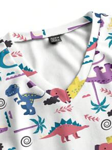 PopScrub Dinosaur Print V-Neck Short Sleeve Casual Minimalist Scrub Uniform Top, Summer - Multicolor - View 4