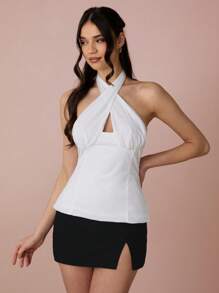 Enchnt 春夏浪漫女式白色露背交叉挂脖背心，性感优雅时尚，适合度假、约会、节日、派对、毕业典礼、婚礼宾客、海滩、音乐会节女士、复活节、女士夏季上衣、夏季 - 白色 - 查看 4