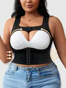 SHEIN 1pc Women Plus Size Slimming Underwear Vest Top, Front Buckle Back Hollow Uplift & Tummy Control Shapewear - Black - View 3