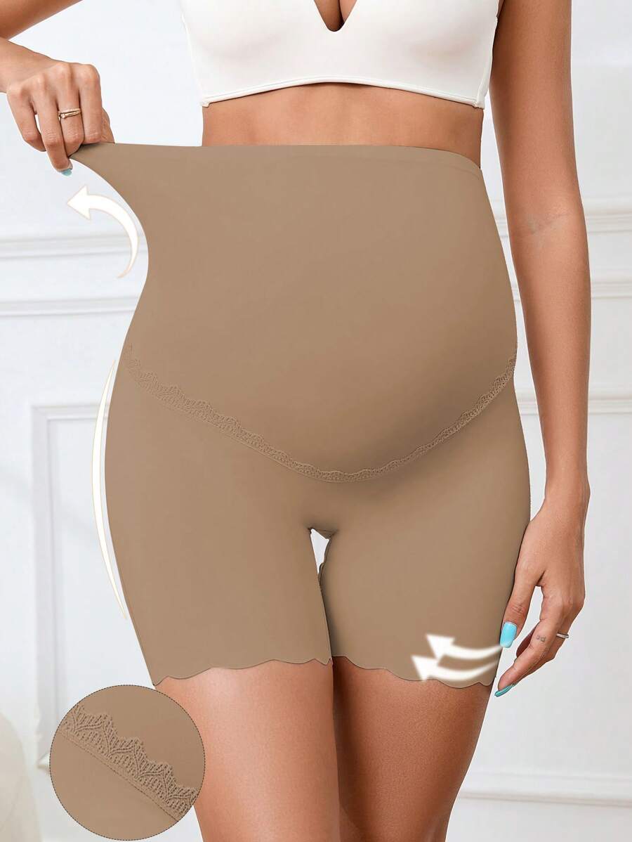 BloomMama Bragas adhesivas de unicolor con aplicación de encaje y ribete de concha para mujeres embarazadas - Café integral - Ver 1