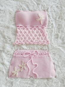 Sweetina 2 件夏季外出海滩夏威夷可爱女士两件套服装和毛衣短裤适合日常穿着钩针套装 - 珊瑚粉 - 查看 4