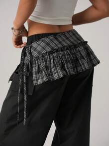 SHEIN ICON Women's Black Plaid Ruffle Hem A-Line Super Short Skirt - Black - View 2