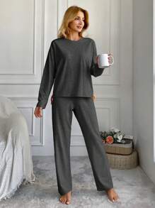 RueChic Cotton Ladies' Drop Shoulder Top And Pants Pyjama Set - Dark Grey - View 1