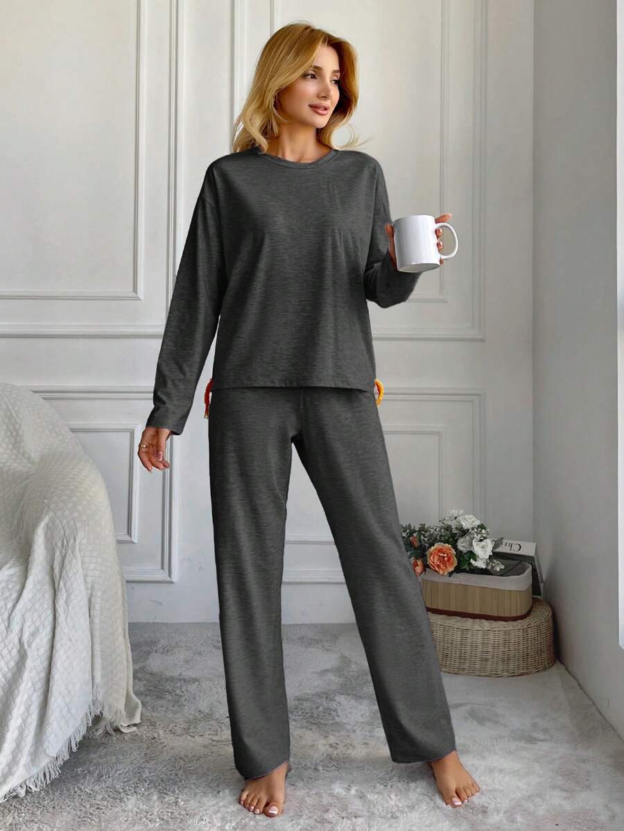 RueChic Cotton Ladies' Drop Shoulder Top And Pants Pyjama Set - Dark Grey - View 1