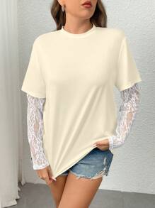 Calvaya Plus Size Women's Lace Patchwork Straight Short Sleeve T-Shirt, Spring/Summer