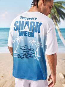 Shark Week X SHEIN 男士渐变鲨鱼印花圆领短袖T恤，夏季 - 彩色 - 查看 5