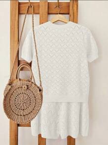 Breezaya 2pcs/Set Women Summer Hollow Out Knit Solid Color Round Neck Knitted Top And Knitted Shorts