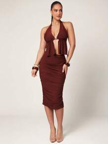 Silquee 女式优雅金属装饰不对称下摆露背吊带背心，夏季 - 棕色 - 查看 5